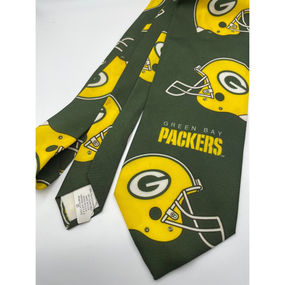 Vintage 1993 Ralph Marlin Green Bay Packers NFL Helmet Print Silk Feel Tie Green